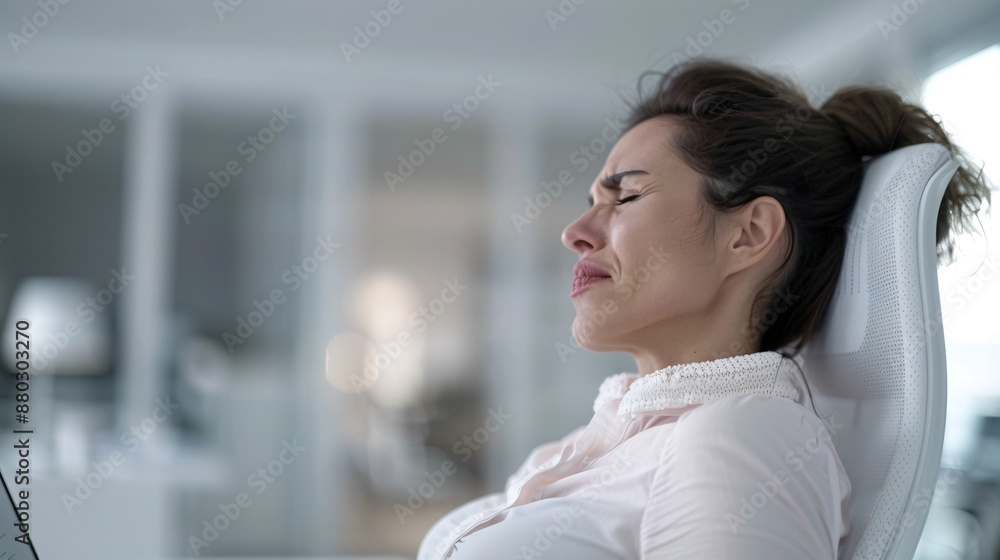 Profile view of a woman grimacing in discomfort while sitting at her office desk, with a blurred office setting in the background. Profile view of a woman grimacing in discomfort while sitting at her office desk, with a blurred office setting in the background.