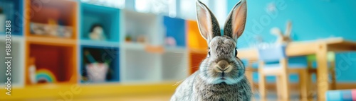 Wallpaper Mural Cute gray rabbit with long ears standing in front of a colorful bookshelf. Torontodigital.ca