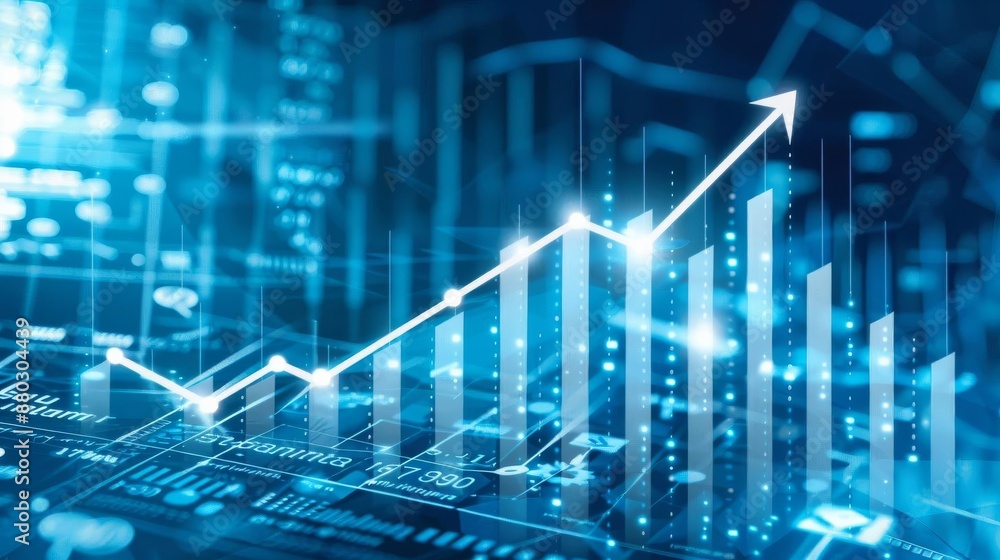 A digital financial chart with a bold white arrow indicating upward growth The chart is set against a blue background filled with bar graphs and dotted line graphs A digital financial chart with a bold white arrow indicating upward growth The chart is set against a blue background filled with bar graphs and dotted line graphs