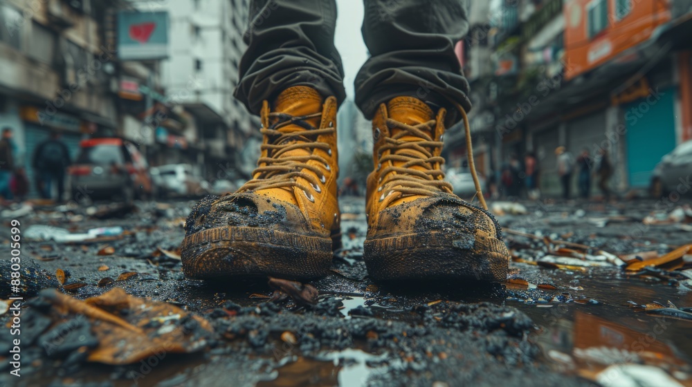 A pair of yellow boots covered in mud stand on a city street, surrounded by debris and puddles A pair of yellow boots covered in mud stand on a city street, surrounded by debris and puddles