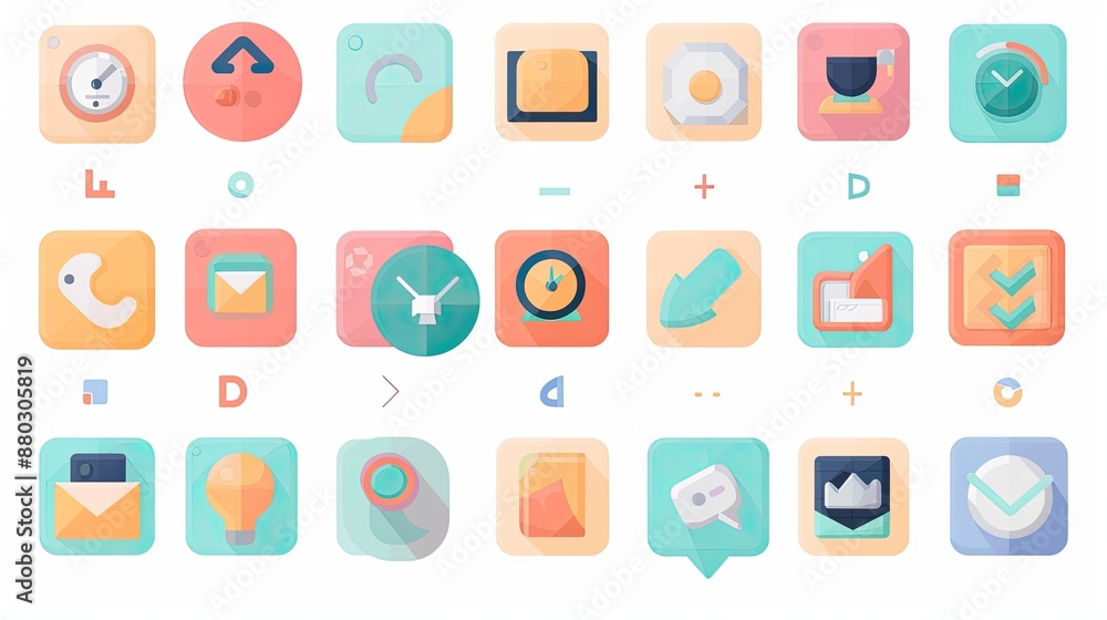 Modern flat design icons in pastel colors, perfect for web and app interfaces. Modern flat design icons in pastel colors, perfect for web and app interfaces.