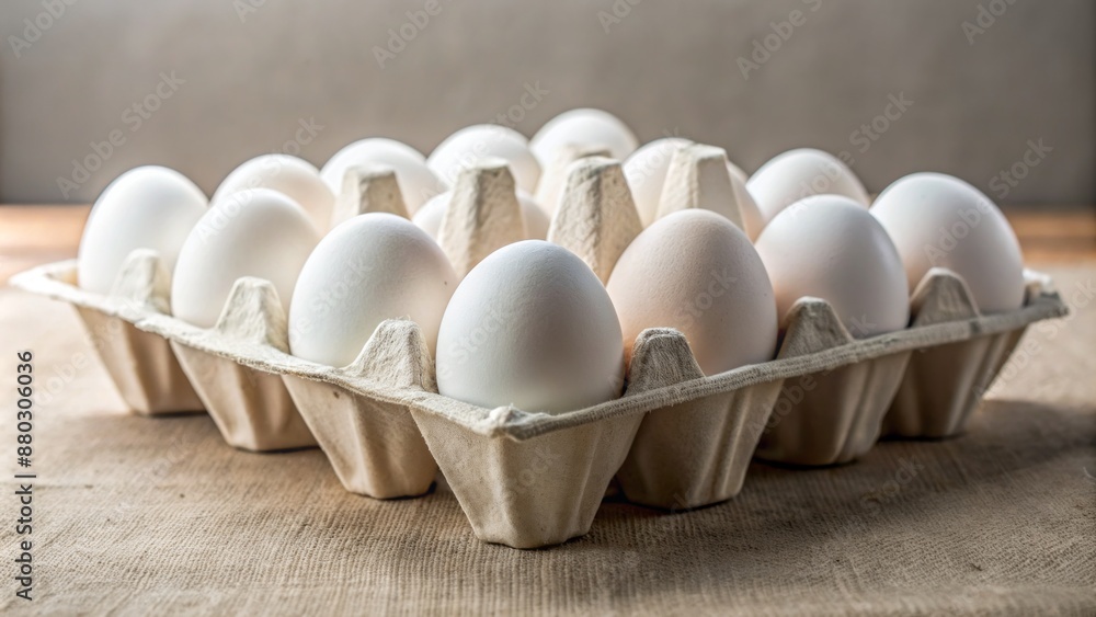 Fresh dozen eggs aligned perfectly in a clean white Styrofoam carton against a neutral background, awaiting breakfast preparation Fresh dozen eggs aligned perfectly in a clean white Styrofoam carton against a neutral background, awaiting breakfast preparation