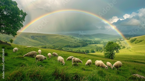 Rainbow Over a Lush Green Valley with Grazing Sheep