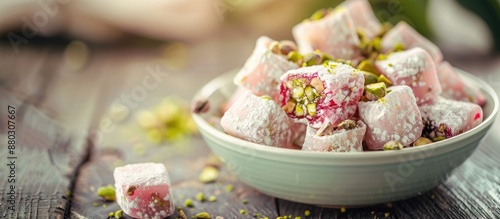 A bowl filled with classic Turkish delight made with pistachios, presented with a blank space for more images. photo