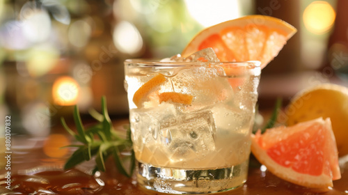 A Mexican drink called Cantarito is made with tequila, grapefruit soda, citrus fruits, and ice. photo