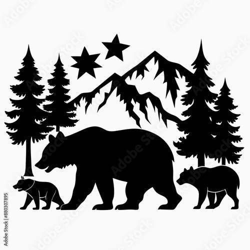 Silhouette of Bears in Forest with Mountains and Stars