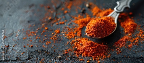 A spoonful of paprika on a dark surface with ample copy space image. photo