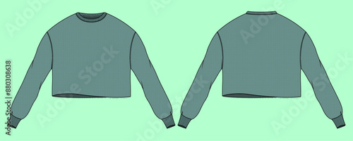 ladies nightwear teal color waffle crop oversize crew neck sweatshirt for sleepwear fashion illustration flat sketch vector.