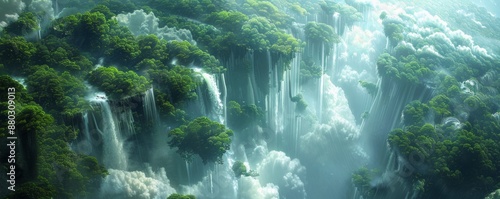 A surreal landscape where waterfalls flow upwards and gravity seems to be defied, challenging our perceptions of reality and the laws of nature. photo