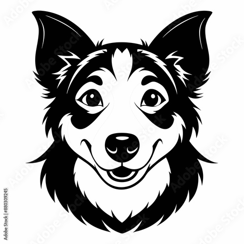 A black and white drawing of a dog face
