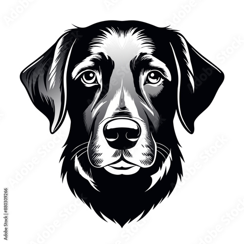 A black and white drawing of a dog face