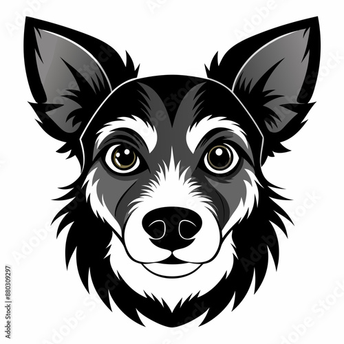 A black and white drawing of a dog face