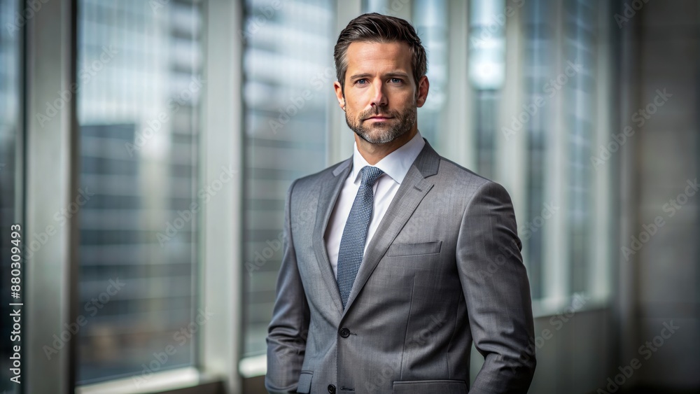 Authoritative full-body portrait of a self-assured male attorney standing confidently in a gray suit, looking directly ahead. Authoritative full-body portrait of a self-assured male attorney standing confidently in a gray suit, looking directly ahead.