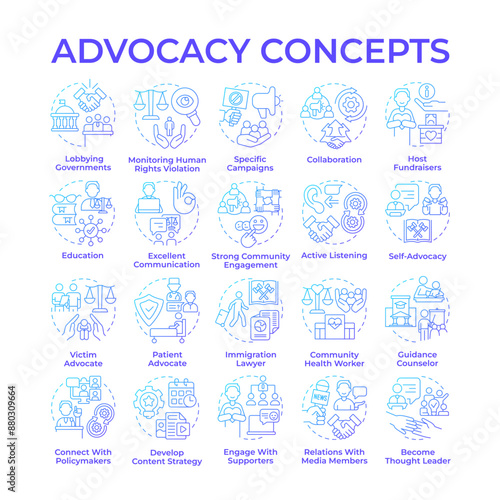 Advocacy blue gradient concept icons. Public policy. Supporting human rights. Social justice. Community engagement. Icon pack. Vector images. Round shape illustrations. Abstract idea