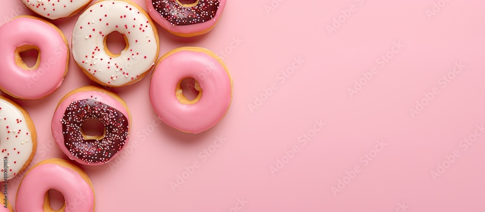 Background featuring pink and beige donuts with copy space image. Background featuring pink and beige donuts with copy space image.