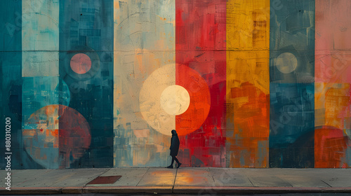  a person standing in front of a colorful wall