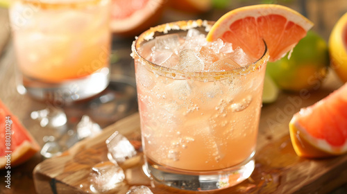 A Mexican drink called Cantarito is made with tequila, grapefruit soda, citrus fruits, and ice. photo