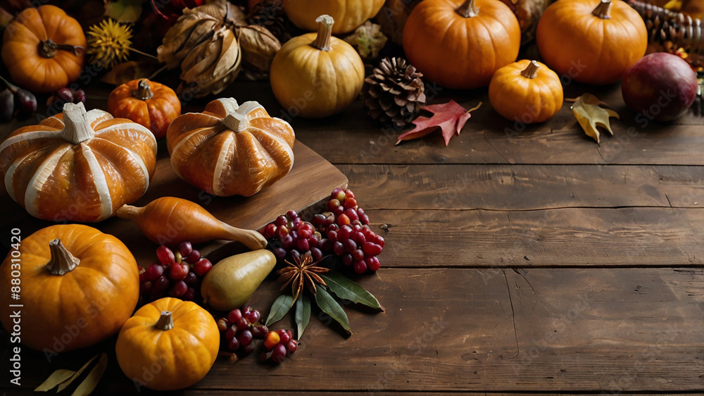 Thanksgiving background with thanksgiving foods on wooden table