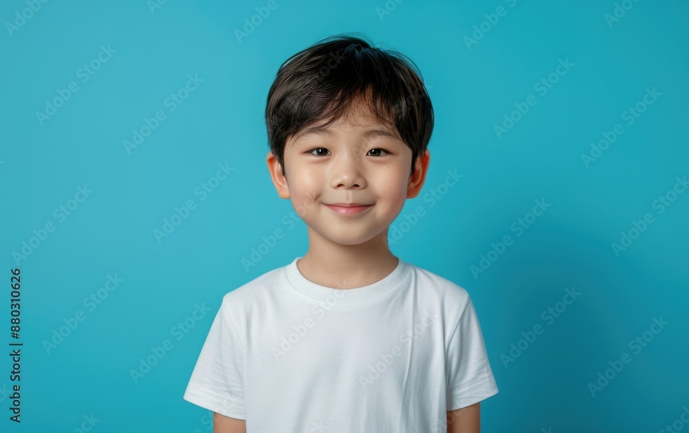 A young boy is smiling and wearing a white shirt. The image has a cheerful and positive mood A young boy is smiling and wearing a white shirt. The image has a cheerful and positive mood