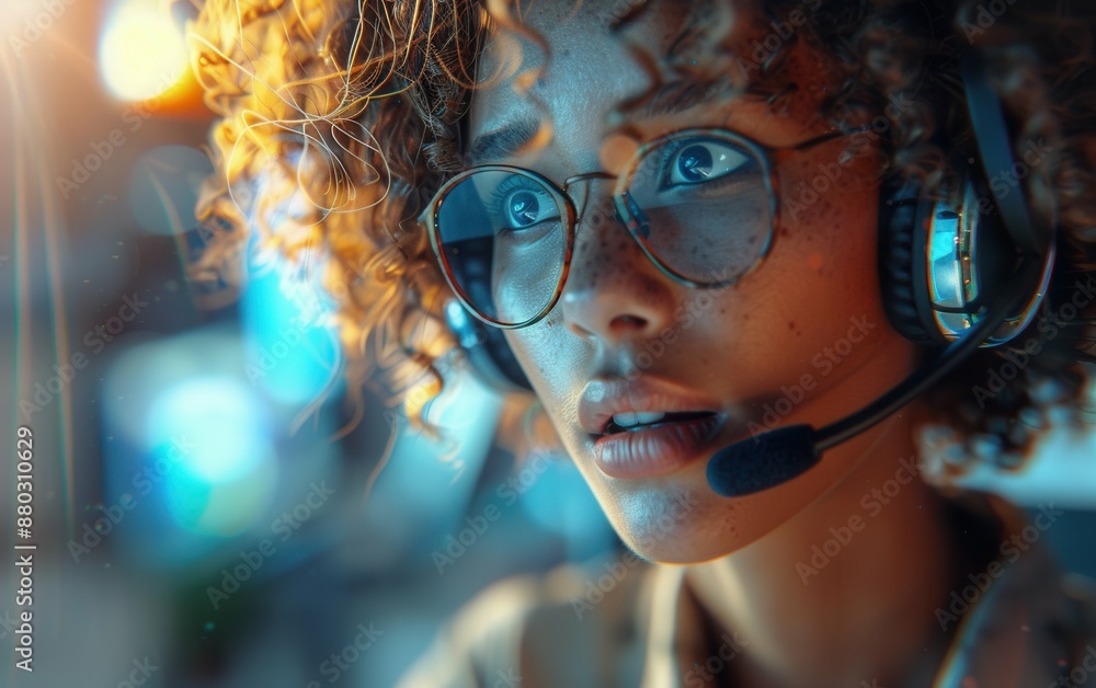 A woman wearing glasses and a headset is looking at the camera. The image has a bright and lively atmosphere, with the woman's hair and glasses adding to the overall sense of energy A woman wearing glasses and a headset is looking at the camera. The image has a bright and lively atmosphere, with the woman's hair and glasses adding to the overall sense of energy