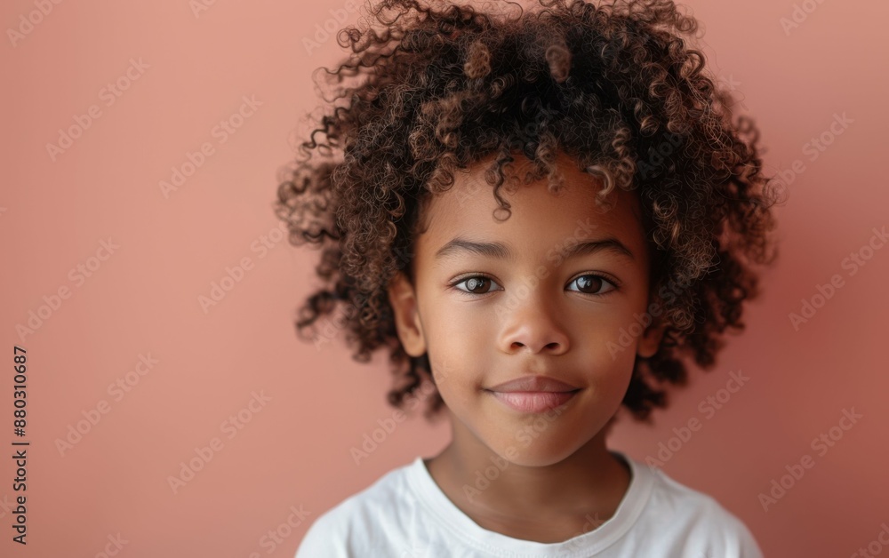 A young child with curly hair is smiling at the camera. The child is wearing a white shirt and is standing in front of a pink wall A young child with curly hair is smiling at the camera. The child is wearing a white shirt and is standing in front of a pink wall