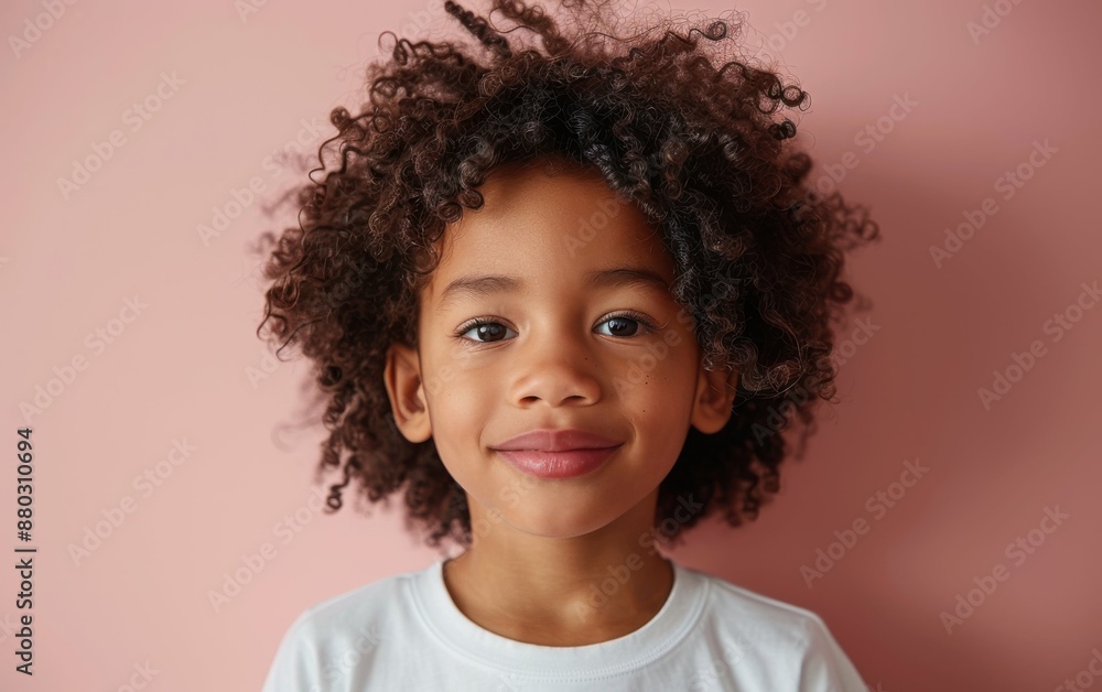 A young boy with curly hair is smiling at the camera. The boy is wearing a white shirt and has a pink background A young boy with curly hair is smiling at the camera. The boy is wearing a white shirt and has a pink background