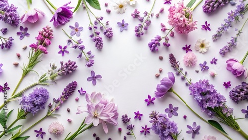 Beautiful violet lilac flowers in bloom arranged artfully on a clean white background with ample space for overlaid text.