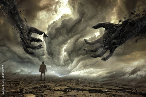 Surrealistic Scene: Man in Barren Landscape with Enormous Shadowy Hands Pointing Accusatorily. photo