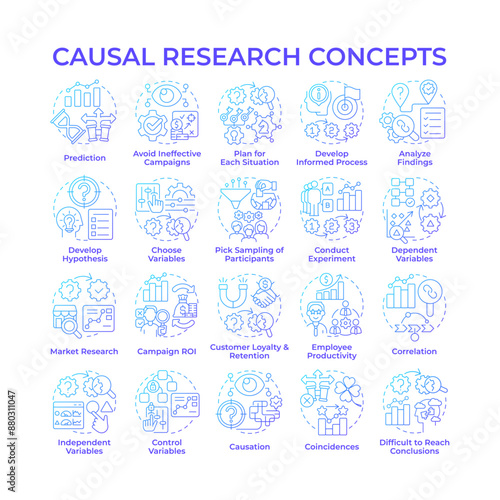 Causal research blue gradient concept icons. Investigation. Market research. Study market for business development. Icon pack. Vector images. Round shape illustrations. Abstract idea