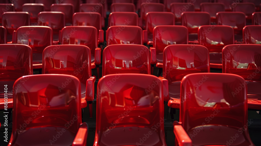 Naklejka premium Rows of red plastic stadium seats, empty and without people, arranged on the podium.