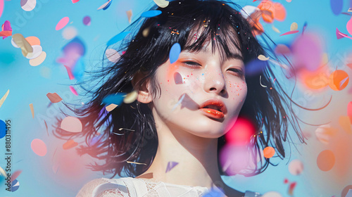カラフルな紙吹雪の中で若いアジア人女性のエモーショナルなポートレート.