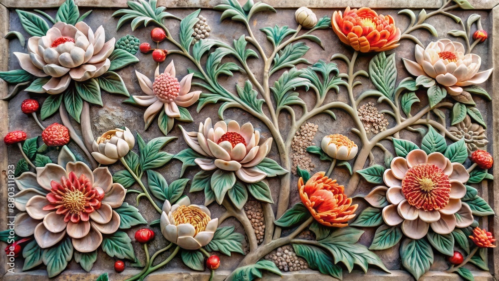 Obraz premium Intricately carved Chinese-style mural with flowers and peonies in gray stone color featuring three-dimensional relief carving on a wall.