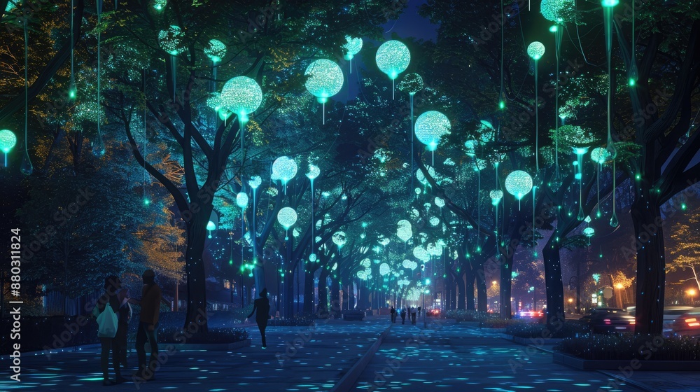 A network of bioluminescent trees providing natural street lighting in a smart city A network of bioluminescent trees providing natural street lighting in a smart city