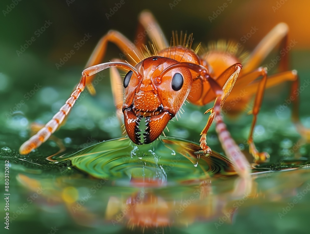 Naklejka premium Ant Drinking from a Water Droplet- Photograph an ant as it drinks from a tiny droplet of water