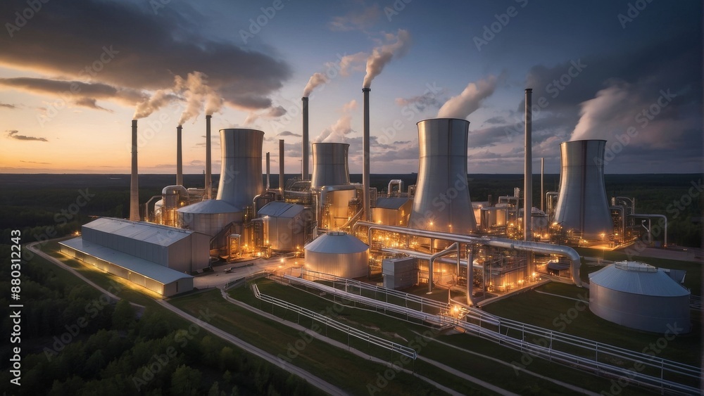 A rendering of a biomass power plant with boiling tanks and hovering turbines A rendering of a biomass power plant with boiling tanks and hovering turbines