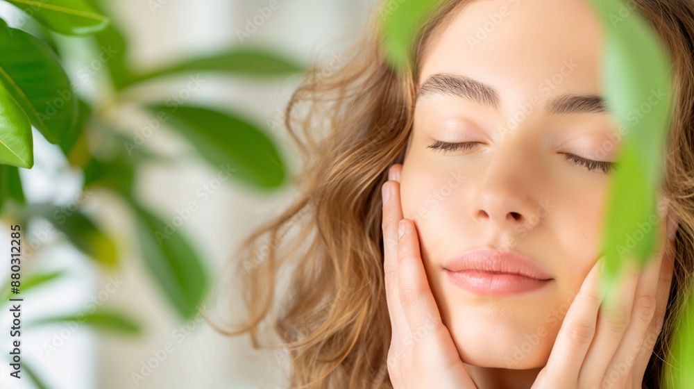 A serene woman with her eyes closed, caressing her cheeks, highlighting natural beauty and skincare. A serene woman with her eyes closed, caressing her cheeks, highlighting natural beauty and skincare.