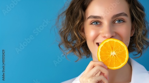 A smiling woman in a casual outfit holding an orange slice.