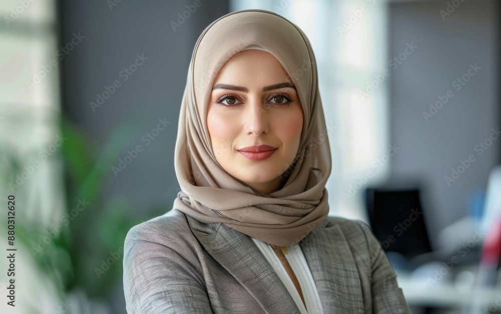 A woman wearing a tan hijab and a gray jacket is posing for a picture. She has a serious expression on her face A woman wearing a tan hijab and a gray jacket is posing for a picture. She has a serious expression on her face