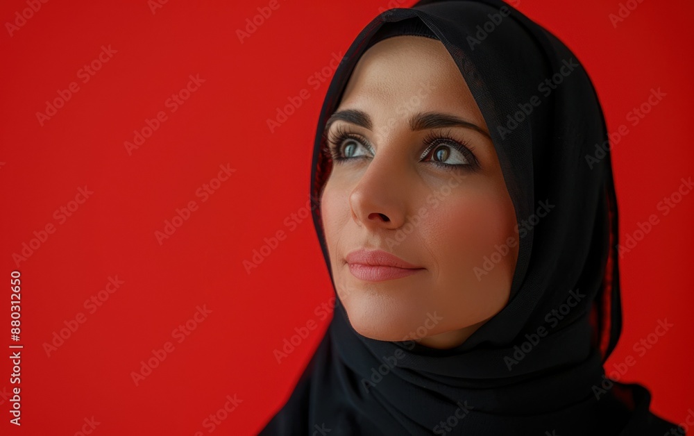 A woman wearing a black scarf and looking at the camera. The scarf is black and the woman's face is blue A woman wearing a black scarf and looking at the camera. The scarf is black and the woman's face is blue