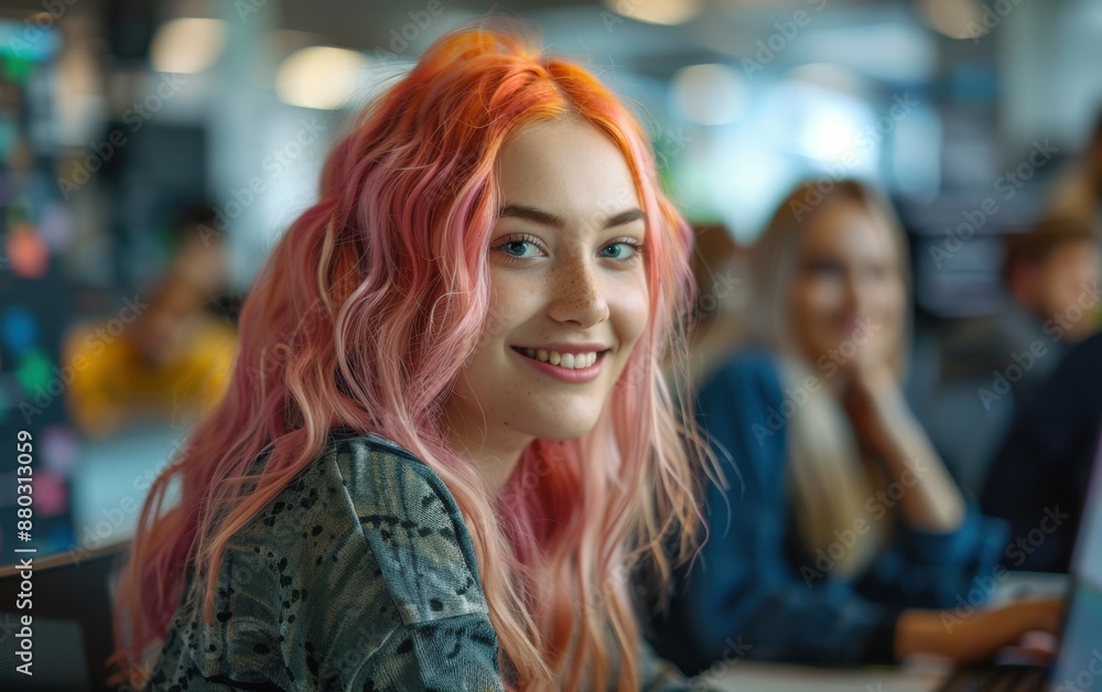 A girl with pink hair is smiling at the camera. She is surrounded by other people, some of whom are looking at her. Scene is cheerful and friendly A girl with pink hair is smiling at the camera. She is surrounded by other people, some of whom are looking at her. Scene is cheerful and friendly