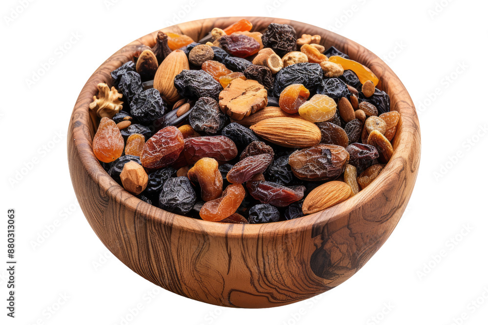 Mix of organic dry fruit in wooden bowl isolated on transparent background Mix of organic dry fruit in wooden bowl isolated on transparent background