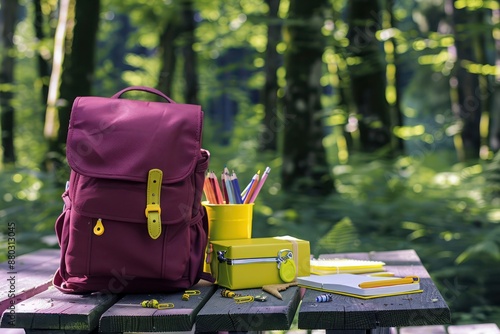 Nature-themed school banner with maroon backpack and yellow items on a picnic table,