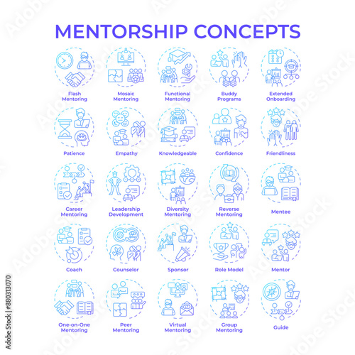 Mentorship blue gradient concept icons. Coaching and guidance. Role model. Patronage. Professional development of mentee. Icon pack. Vector images. Round shape illustrations. Abstract idea