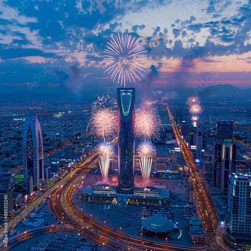 Fireworks Display over Riyadh Cityscape at Night