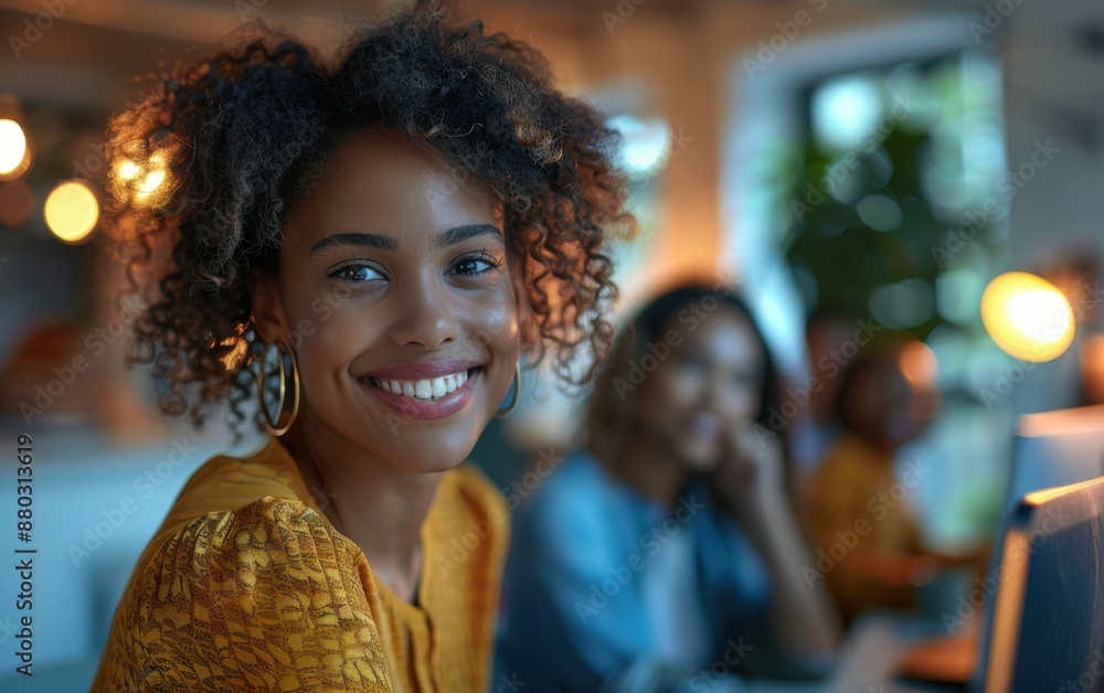 A woman with curly hair is smiling at the camera. She is wearing a yellow shirt and is surrounded by other people A woman with curly hair is smiling at the camera. She is wearing a yellow shirt and is surrounded by other people