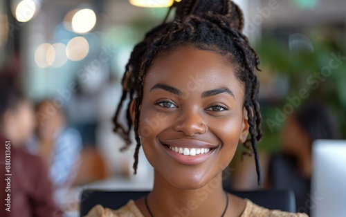 A woman with a smile on her face is sitting in front of a laptop. She is wearing a brown shirt and a necklace