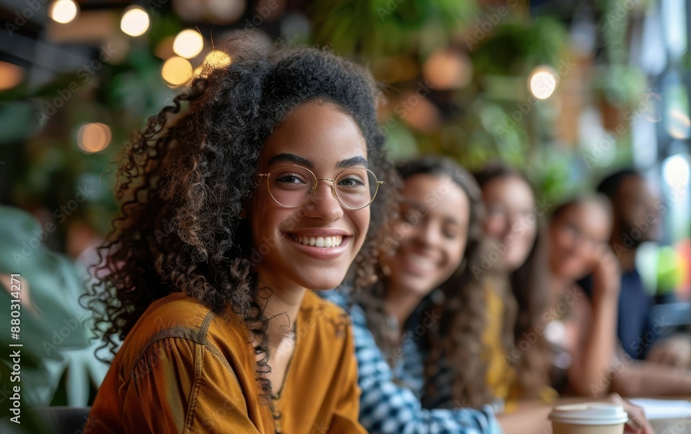 A woman with curly hair and glasses is smiling at the camera. She is surrounded by other people, some of whom are also smiling. Scene is happy and friendly A woman with curly hair and glasses is smiling at the camera. She is surrounded by other people, some of whom are also smiling. Scene is happy and friendly