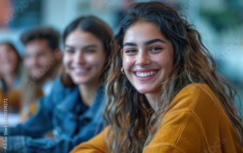 A girl with long brown hair is smiling at the camera. She is wearing a yellow sweater and a blue jacket