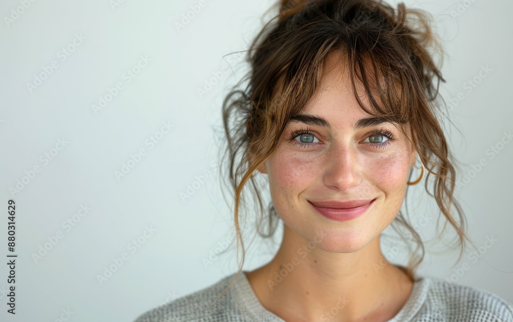A woman with brown hair and a smile on her face. She is wearing a gray shirt. Concept of happiness and warmth A woman with brown hair and a smile on her face. She is wearing a gray shirt. Concept of happiness and warmth