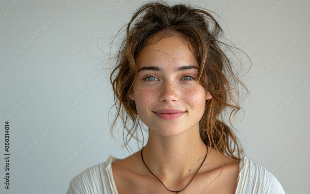 A woman with brown hair and a necklace is smiling. She has a light skin tone and a blue eye A woman with brown hair and a necklace is smiling. She has a light skin tone and a blue eye